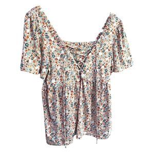 Daytrip Floral Lace-Up Boho Peasant Top - Size Small/Medium